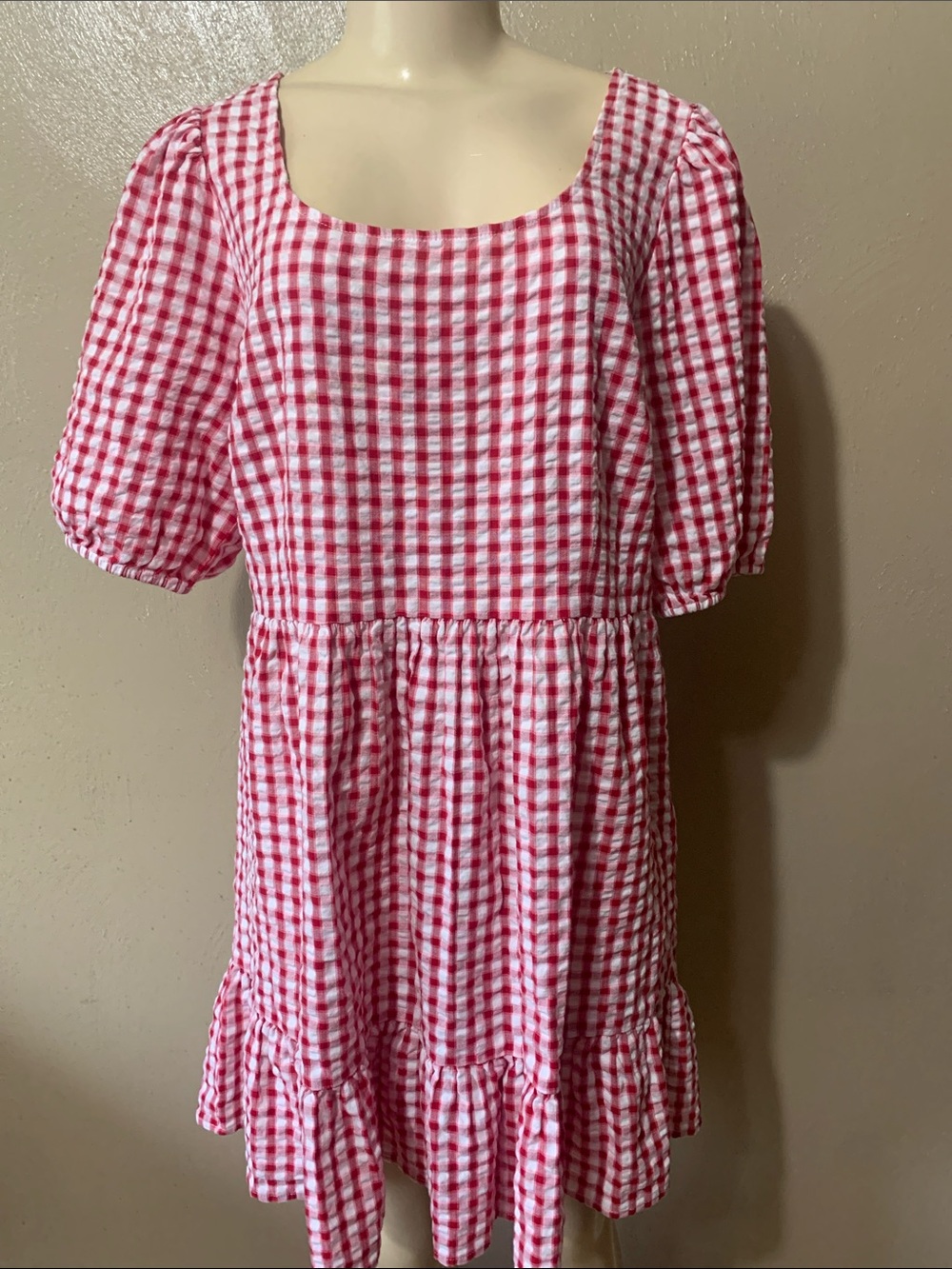 LOFT Pink Gingham Puff-Sleeve Casual Dress Back Out NWT